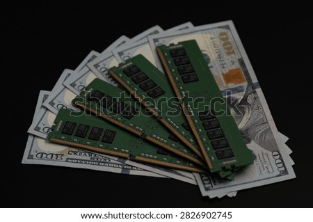 Server memory modules on US dollar bills. Workstation memory and DDR RAM cost. Memory upgrade concept with money. DDR server memory and expenses. Concept with RAM and cash.