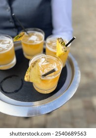 Server Offers Multiple Drinks on Tray