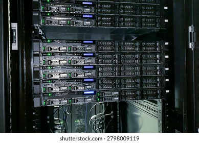 Server rack with active lights in AI data center