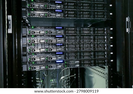 Server rack with active lights in AI data center