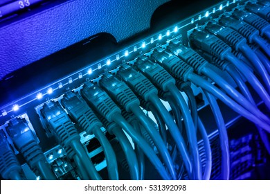 Server rack with blue internet patch cord cables connected to patch panel in server room. Gradient