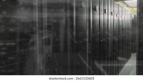 Server rack cabinets lining data center aisle, housing LEDs and cable trays, copy space. Technology, infrastructure, data, networking, security, digital, modern