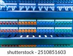 Server rack with colorful patch panel in data server room