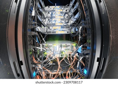 Server rack. Data center for machine learning. Servers for training computer neural networks and artificial intelligence. Network equipment provider and database storage AI.