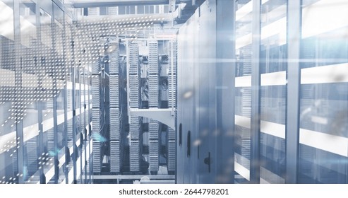 Server rack hosting network switches and patch panels in data center aisle, with bundled cables. Technology, data center, networking, infrastructure, automation, security, connectivity