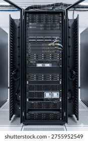 server rack network inside of a data center close up