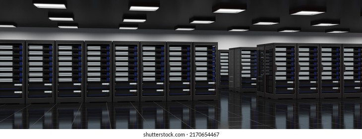 Server rack room with servers, computer security, cloud service, 3d illustration