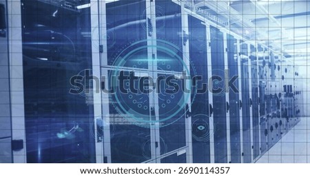 Server rack row showing network cables blinking LEDs under cable trays in data center, HUD graphics. Technology, data, cybersecurity, futuristic, industrial, visualization, infrastructure