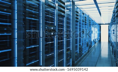 Server racks in computer network security server room data center. 3D render dark blue