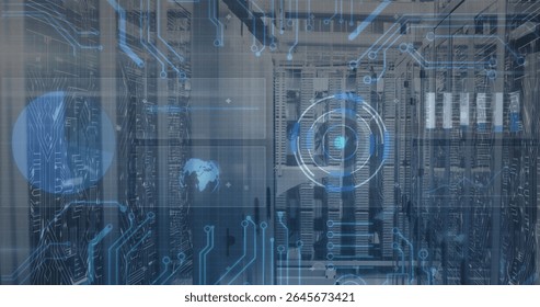 Server racks displaying circuit overlay in data center aisle, with cables, LEDs, HUD globe icon. Technology, cybersecurity, networking, digital, innovation, futuristic, industrial