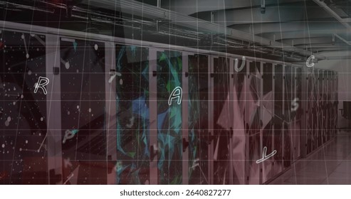 Server racks displaying data flow in data center aisle, with network cables and overlay graphics. Technology, data, infrastructure, cybersecurity, digital, innovation, network