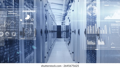 Server racks glowing in data center corridor, with LED indicators and holographic screens. Technology, cybersecurity, digital, networking, futuristic, infrastructure, innovation