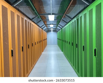 Server racks inside a modern data center, filled with blinking network equipment and organized cables. High-tech infrastructure for cloud computing and data storage.