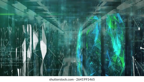 Server racks lining corridor amid code streams and holographic sphere hovering right, copy space. Futuristic, technology, innovation, digital, cyberspace, sci-fi, abstract