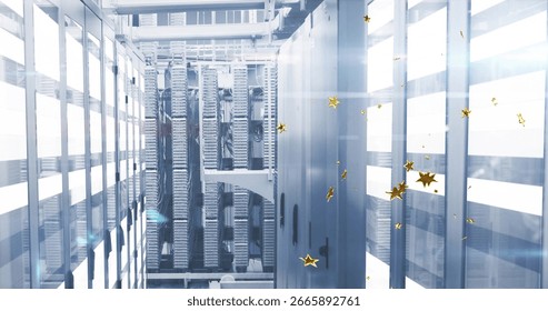 Server racks lining data center aisle under LEDs, with cables, cable-trays and golden-star-confetti. Technology, data, infrastructure, modern, futuristic, efficiency, innovation - Powered by Shutterstock - Get 15% off with code: PIKWIZARD15
