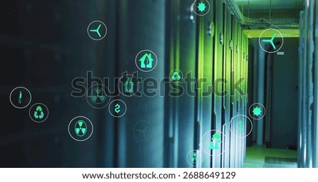 Server racks lining tech corridor between cable trays and floor, with floating sustainability icons. Futuristic, technology, infrastructure, renewable, energy, digital, clean