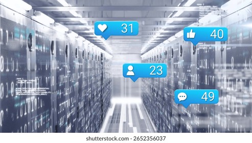 Server racks streaming binary code with LED lights in datacenter aisle showing social media icons. Technology, data, networking, digital, infrastructure, connectivity, security