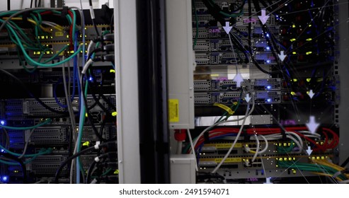 Server racks with various cables and blinking lights represent cloud computing concept. The background shows a data center environment with interconnected hardware