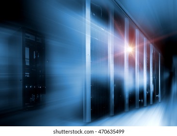 server room in dark, with blue colored lights motion