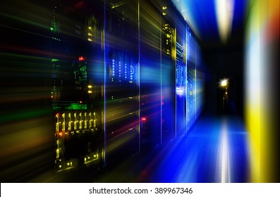 Server Room In Dark, With Bright Colored Lights Motion