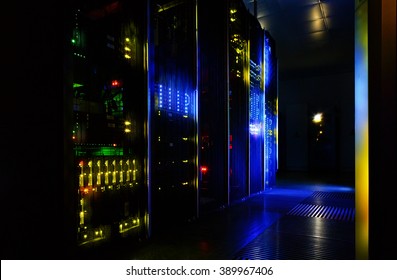 Server Room In Dark, With Bright Colored Lights