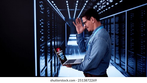 Server Room In Data Center. Cloud Computer Engineer Configuring AI Technology