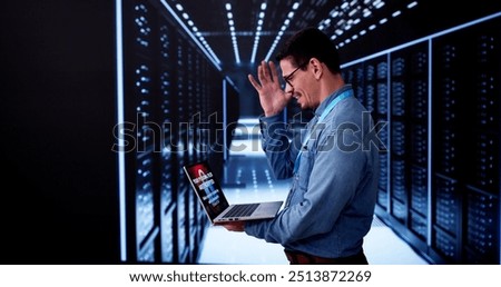 Server Room In Data Center. Cloud Computer Engineer Configuring AI Technology