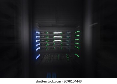 server room or data center supercomputer technology equipment, abstract close up of a server rack with motion blur.