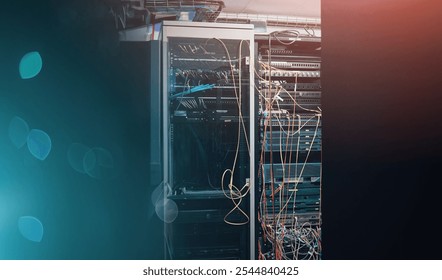 Server room, database and mainframe of network at center, software system and electrical cables. Wires, backup storage and cyber circuit by bokeh, internet connection and hardware for processor - Powered by Shutterstock - Get 15% off with code: PIKWIZARD15