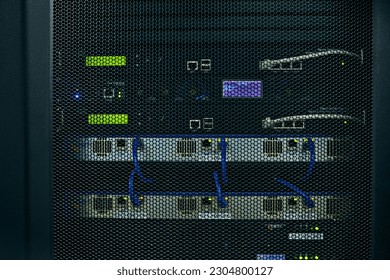 Server room, empty or cables in hardware for internet connection, computing network or cyber security. Wires background, information technology support or cords on machine equipment in data center