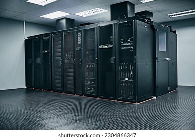 Server room, empty or hardware electronics for internet connection, admin servers or cyber security system. IT support background, information technology electronics or modern machine in data center