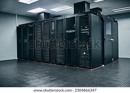 Server room, empty or hardware electronics for internet connection, admin servers or cyber security system. IT support background, information technology electronics or modern machine in data center