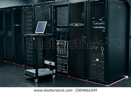 Server room, empty or laptop for internet connection, cloud computing network or cyber security hardware. IT support background, information technology or cord on machine equipment in a data center