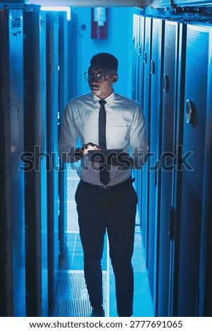 Server room, engineer and black man on tablet for cybersecurity, diagnostics and network. IT technician, hardware and person on tech for system upgrade, install software and maintenance for database