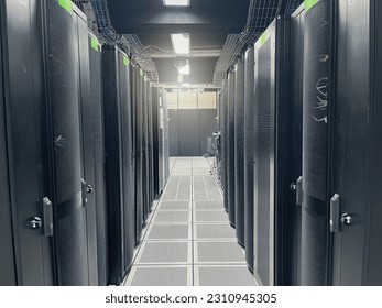 Server room. Server farm. Data center. Server racks in computer network security server room data center. Big data storage and cloud computing computer service business concept. - Shutterstock ID 2310945305