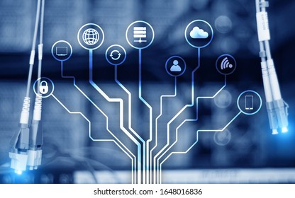 Server Room ICT information communication technology wireless internet connection big data processing center. IOT internet of things.