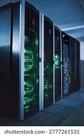 Server room, infrastructure and backup system with hardware for digital storage facility. Electronics, AI network and machine learning for information technology, cybersecurity or big data center