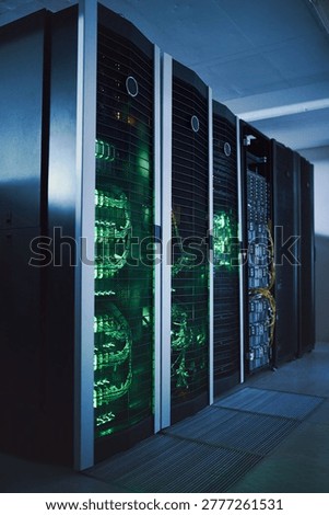 Server room, infrastructure and backup system with hardware for digital storage facility. Electronics, AI network and machine learning for information technology, cybersecurity or big data center