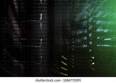 Server room interior in datacenter, multi exposure futuristic design. Web network, internet telecommunication technology, big data storage, supercomuter server business concept