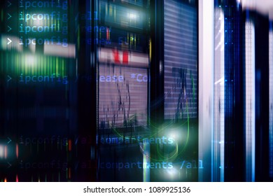 Server room interior in datacenter, multi exposure futuristic design. Web network, internet telecommunication technology, big data storage, supercomuter server business concept