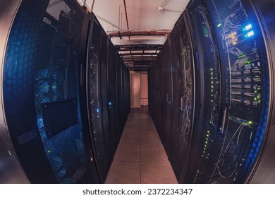 The server room interior is designed to maximize hardware storage. The datacenter boasts a high-tech computer system in its server room.