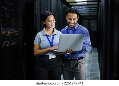 Server room, laptop and people team for software management, system upgrade and cyber security. Teamwork technician, engineering or programmer staff on computer, information technology or programming - Powered by Shutterstock
