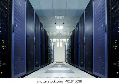 server room with modern mainframe equipment in data center