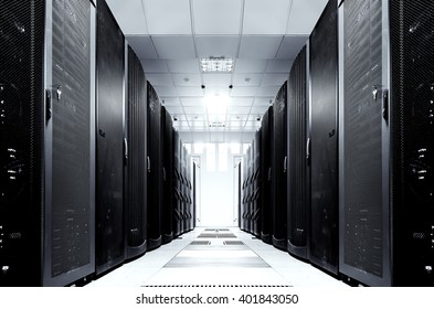 Server Room With Modern Mainframe Equipment In Data Center