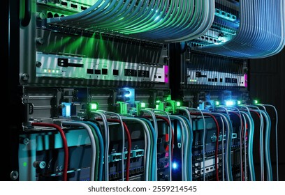 Server Room Network Infrastructure, data center, server rack, network cables.3d render.