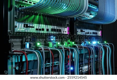 Server Room Network Infrastructure, data center, server rack, network cables.3d render.