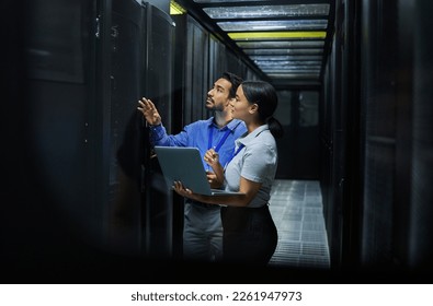 Server room, network laptop and people software management, system upgrade and cyber security. Teamwork technician, engineering or programmer staff on computer, information technology or programming