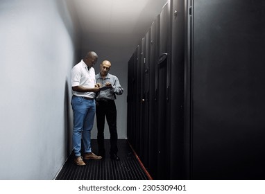 Server room, people or technicians with tablet for cybersecurity or internet glitch with teamwork. IT support help, collaboration or African engineers fixing network data for information technology