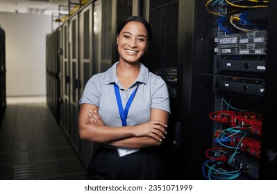 Server room, portrait or happy woman technician for online cybersecurity update or machine system. IT support data center, smile or proud engineer fixing network for information technology solution - Powered by Shutterstock