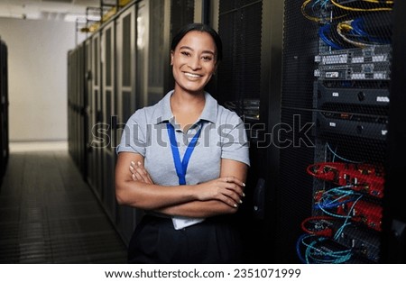 Server room, portrait or happy woman technician for online cybersecurity update or machine system. IT support data center, smile or proud engineer fixing network for information technology solution